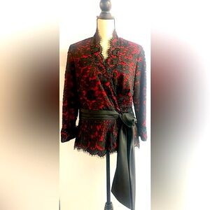 Like New Elegant Burgundy & Black Lace Beaded  Dinner Jacket